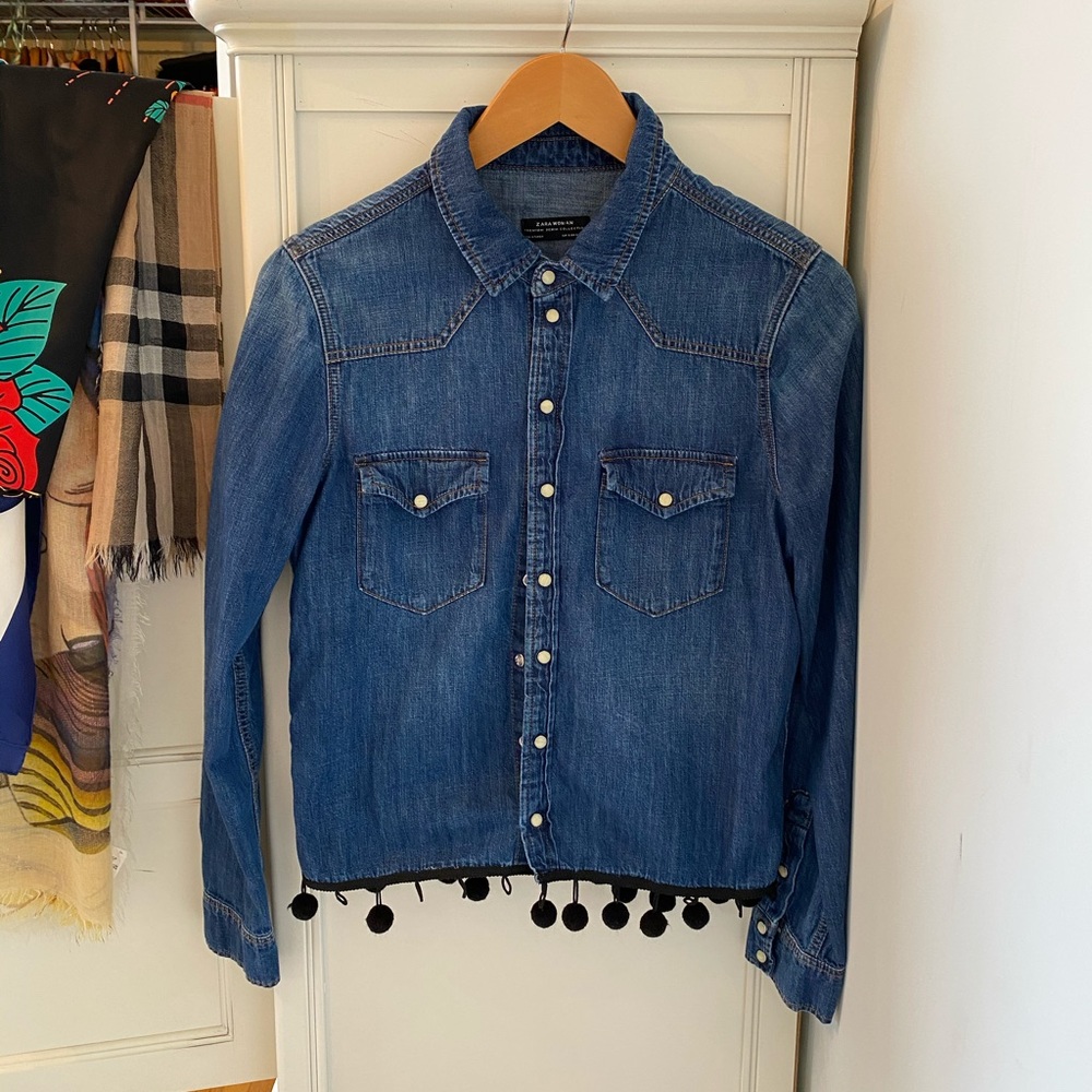 Zara Jean Denim Button Down Long Sleeve Blouse Top